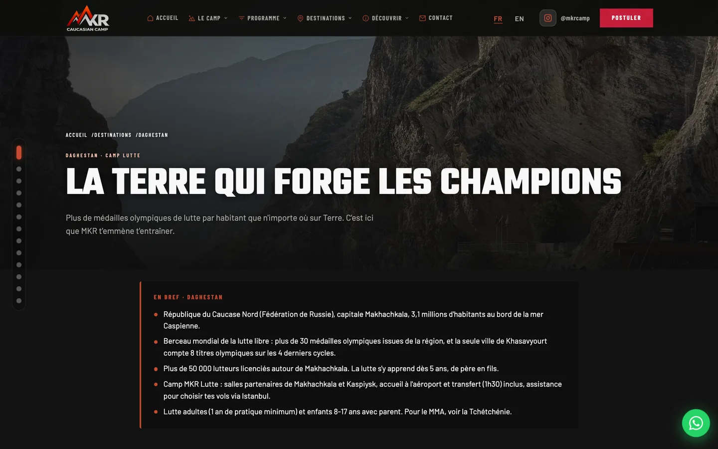 MKR Caucasian Camp, Dagestan destination page, French version: “The land that forges champions”, facts about the region and the wrestling camp