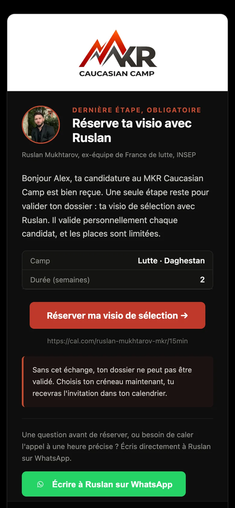 The confirmation email received on a phone by a fictitious applicant: “Book your call with Ruslan”, camp summary and booking button