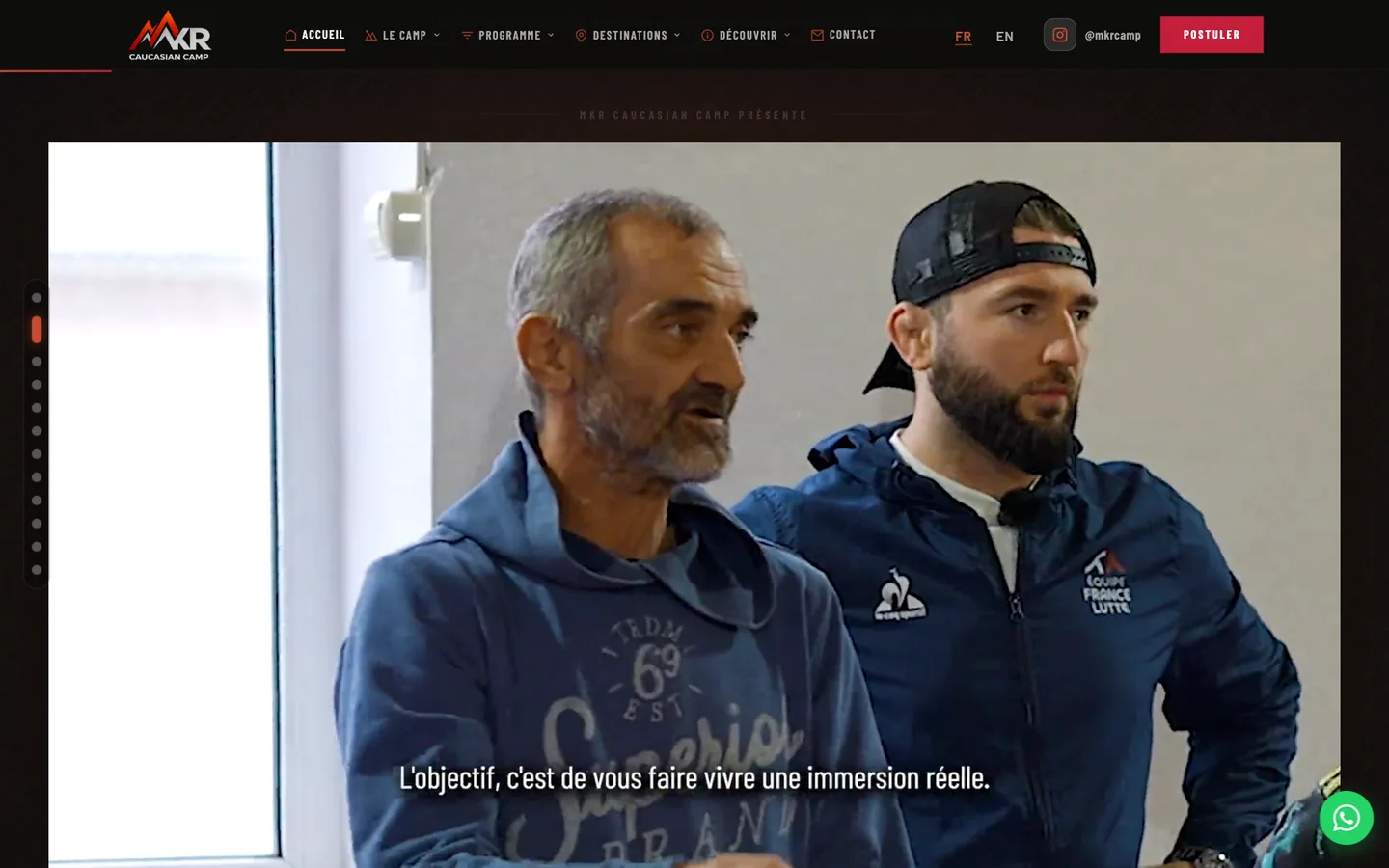MKR Caucasian Camp, presentation film playing in the page: founder Ruslan Mukhtarov with a coach, French subtitle about a real immersion