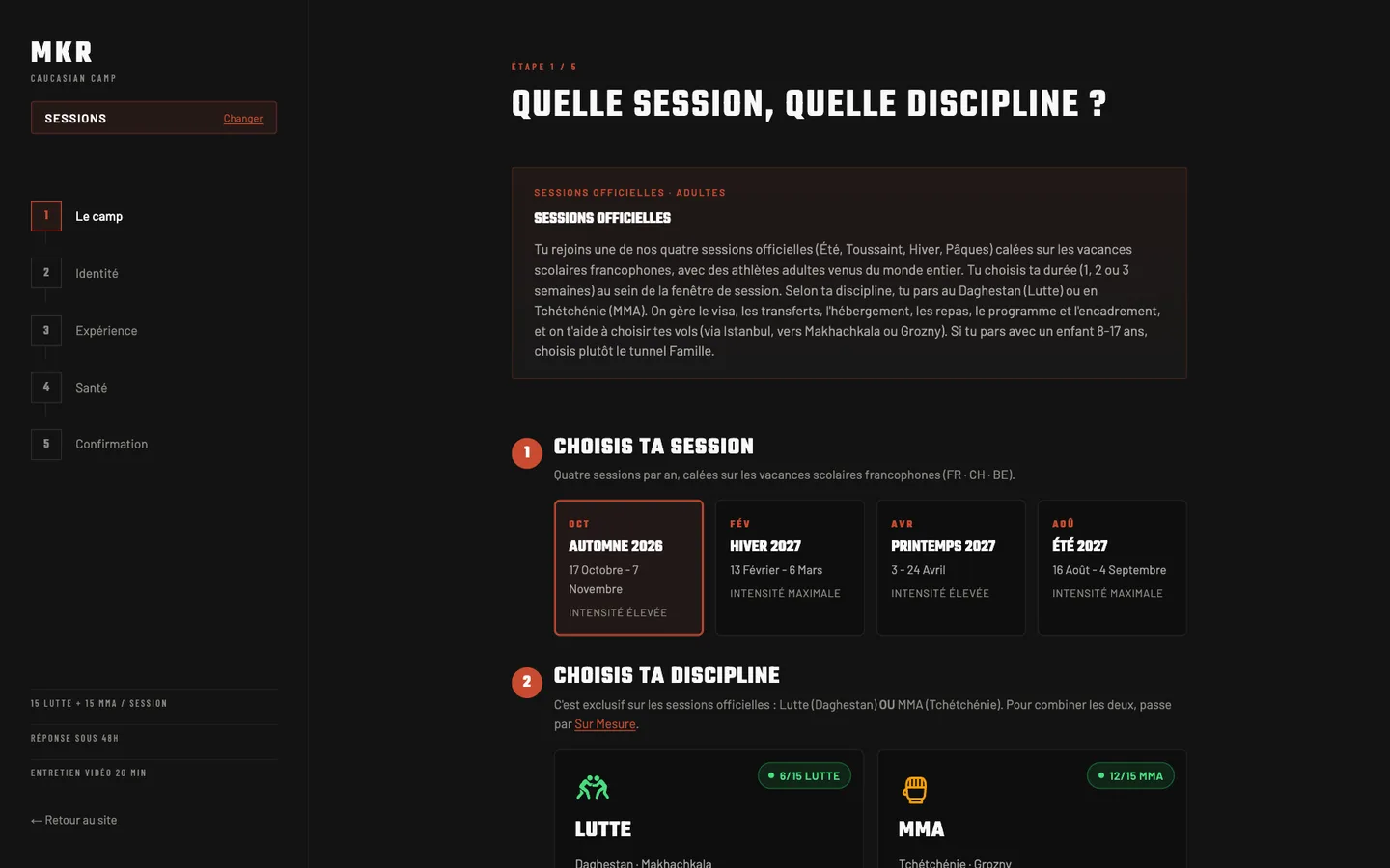 MKR Caucasian Camp, step 1 of the application “Which session, which discipline?”: four sessions from autumn 2026 to summer 2027, then the choice between wrestling and MMA