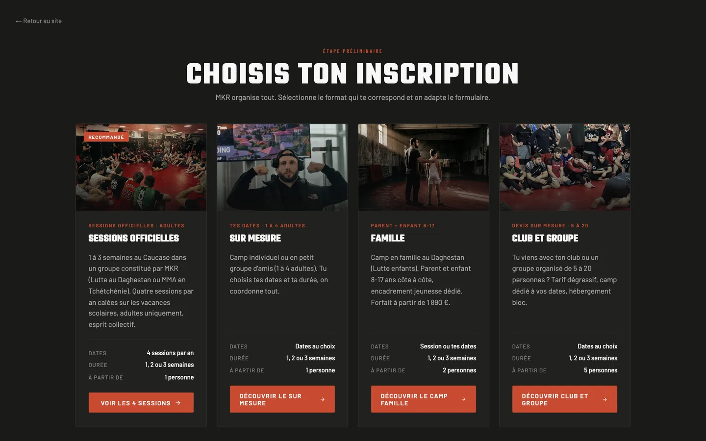 MKR Caucasian Camp, “Choose your application” page: four cards, official sessions, custom, family, club and group, with dates, duration and group size