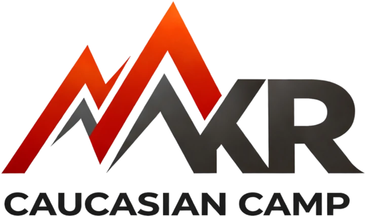 MKR Caucasian Camp logo for light backgrounds: the same red and orange peaks, the letters in charcoal grey