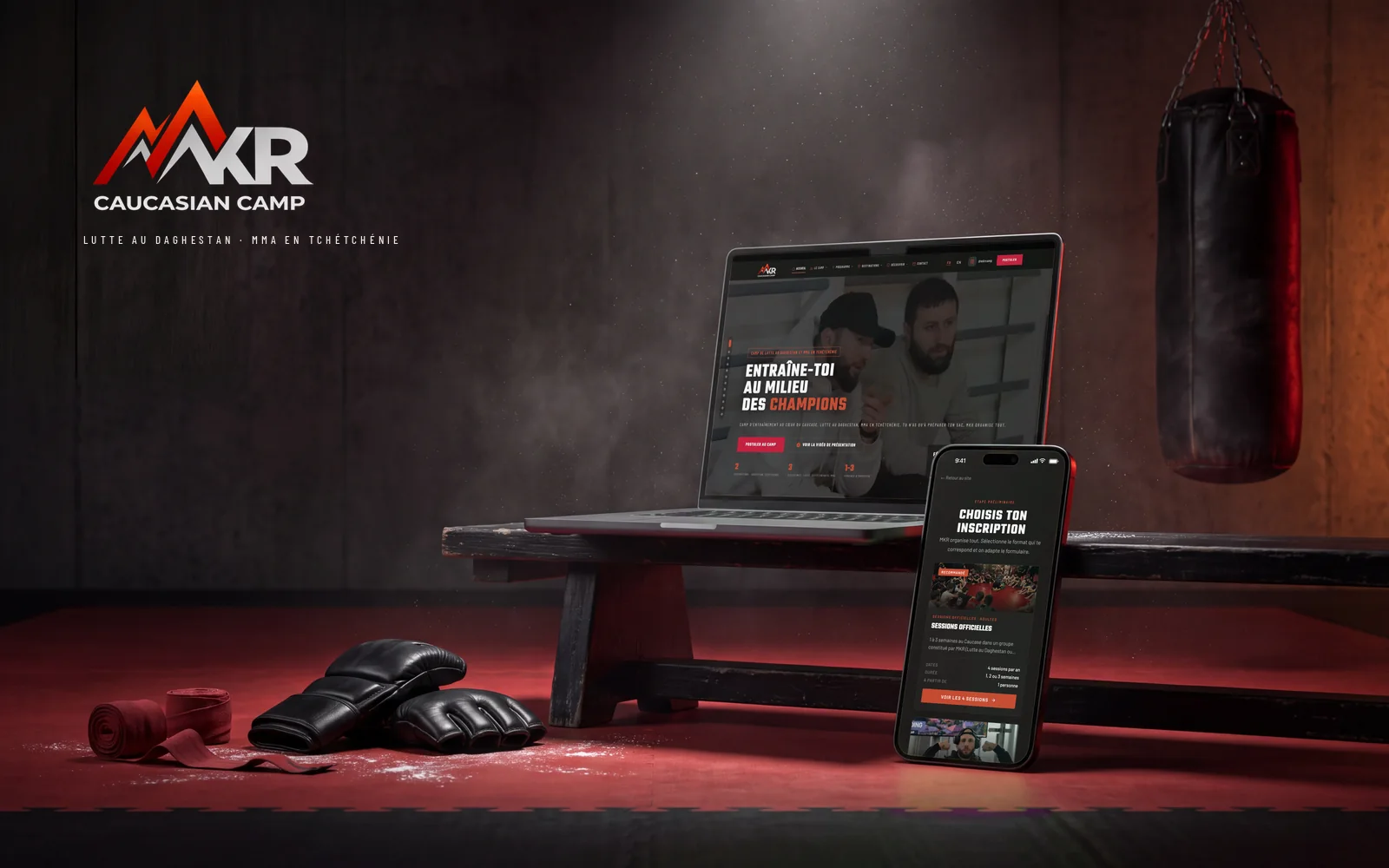 The MKR Caucasian Camp website on a laptop and a phone: first screen of the French version and the application choice, real screenshots staged in a wrestling gym