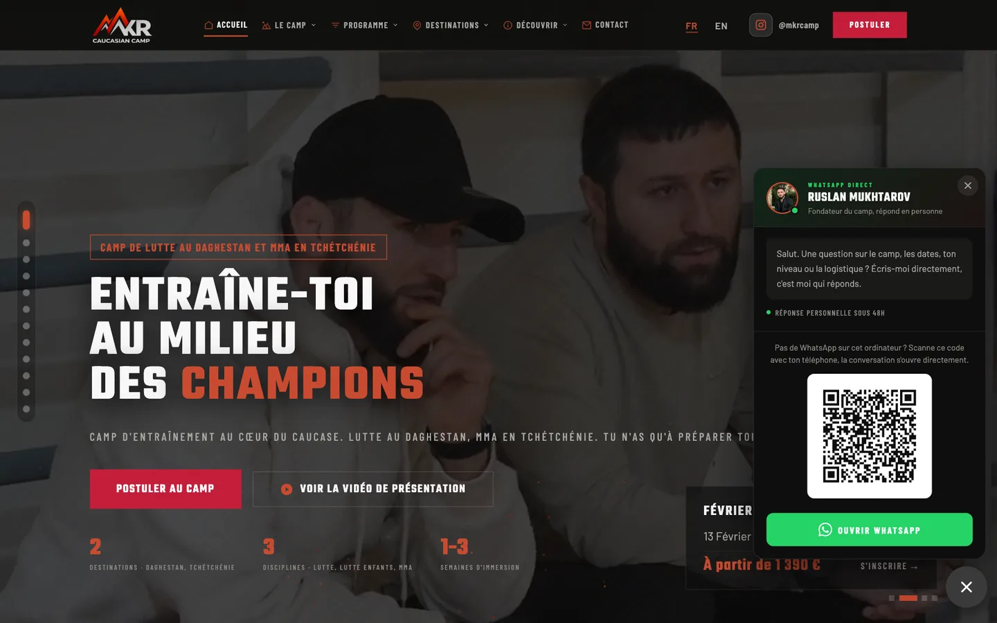 MKR Caucasian Camp, WhatsApp panel open on the home page: photo and name of Ruslan Mukhtarov, welcome message, QR code and “Open WhatsApp” button