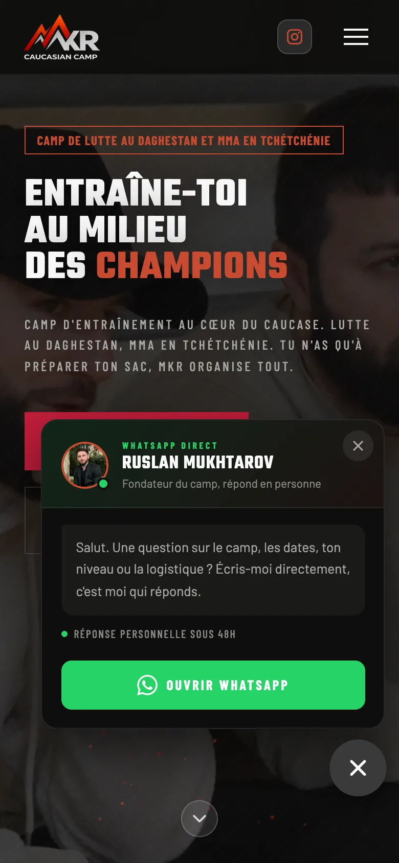 MKR Caucasian Camp on mobile: the WhatsApp panel open, without a QR code, with the green button