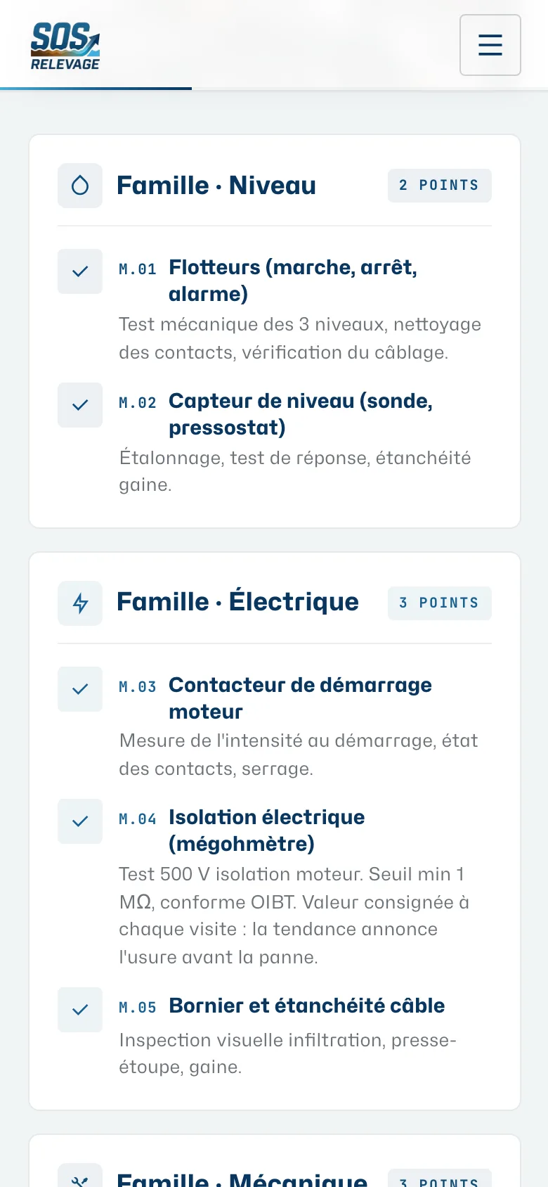 La même liste des points de contrôle sur mobile, famille par famille