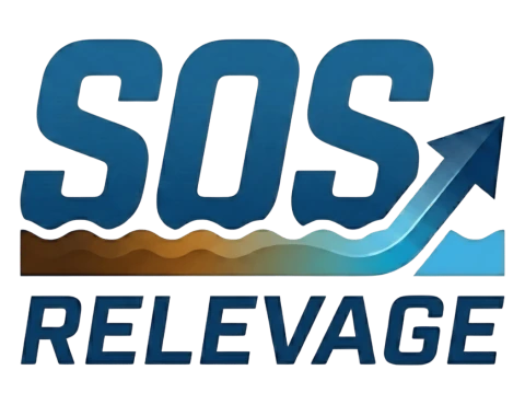 Logo SOS Relevage : lettres SOS avec une vague et une flèche qui remonte, du marron vers le bleu