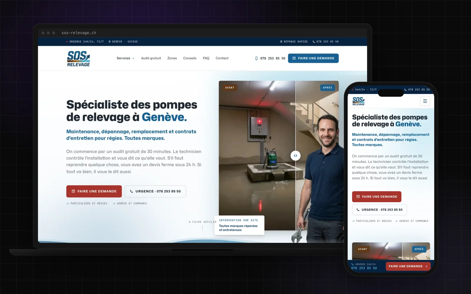 Le site SOS Relevage sur un ordinateur portable et sur un téléphone : page d'accueil avec le curseur avant et après sur un local technique