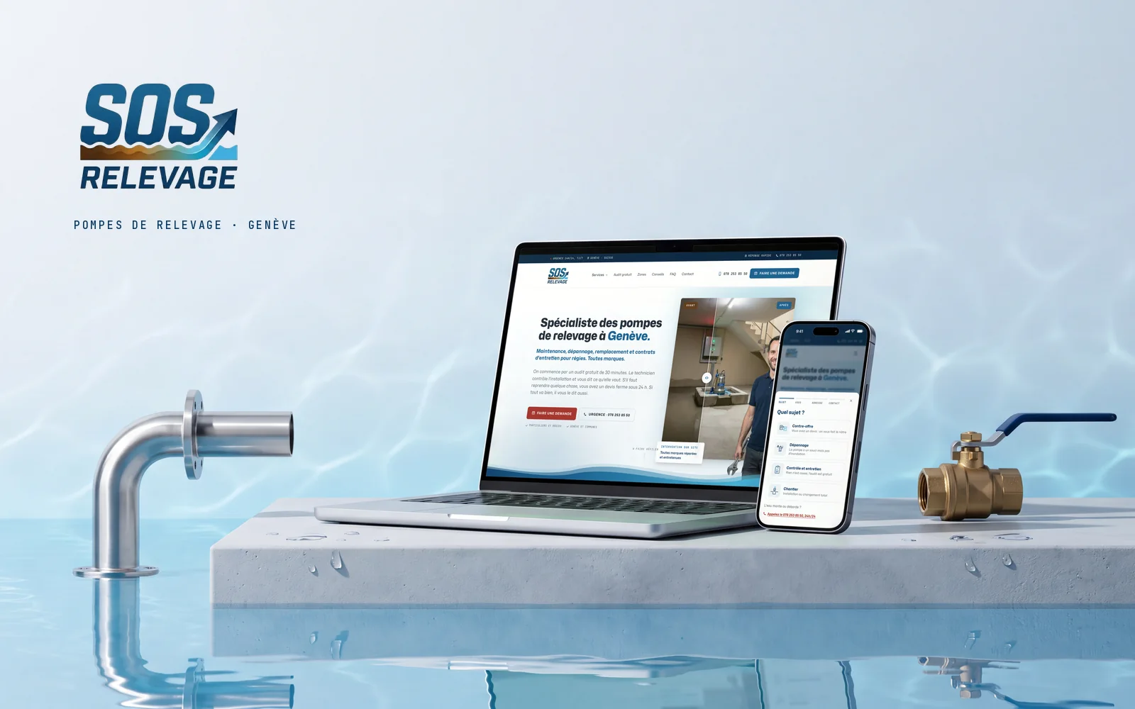The SOS Relevage website on a laptop and a phone: home page and first step of the request form, real screenshots staged between clear water, a steel pipe and a brass valve