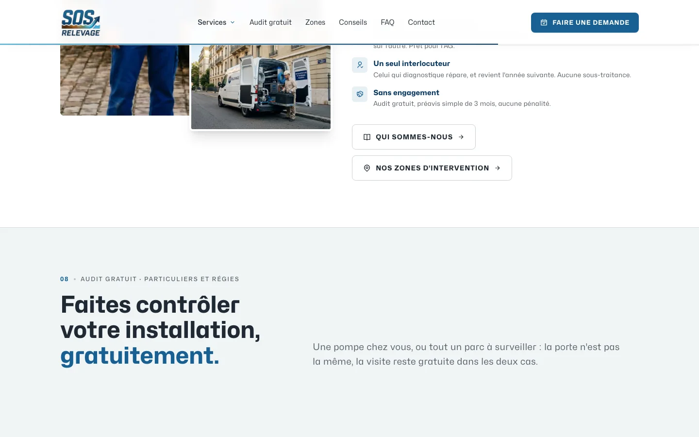 Site SOS Relevage : engagements de l'entreprise et en-tête de la section d'audit gratuit
