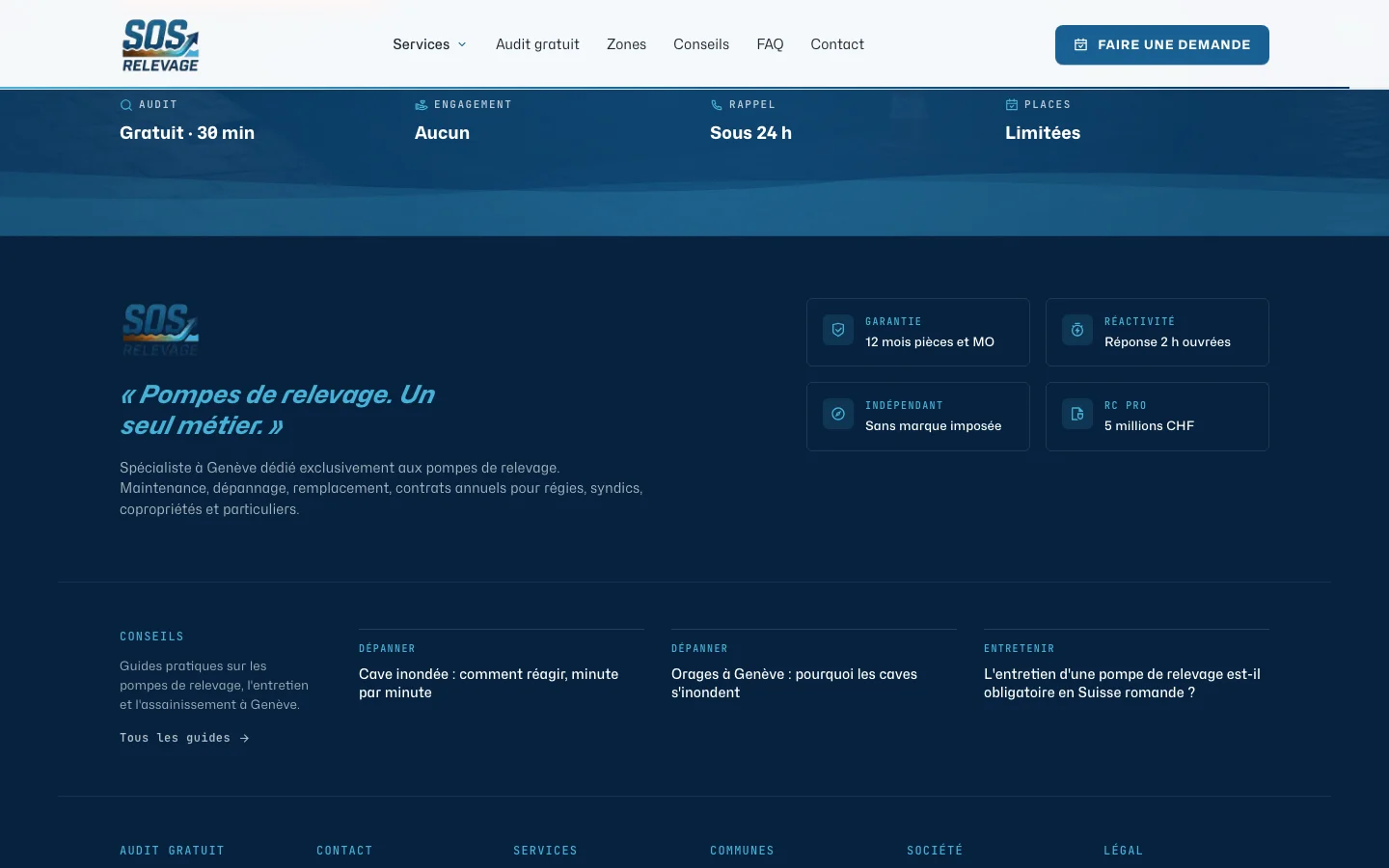 Site SOS Relevage : bandeau des conditions de l’audit gratuit et pied de page avec la tagline, les garanties et les derniers guides