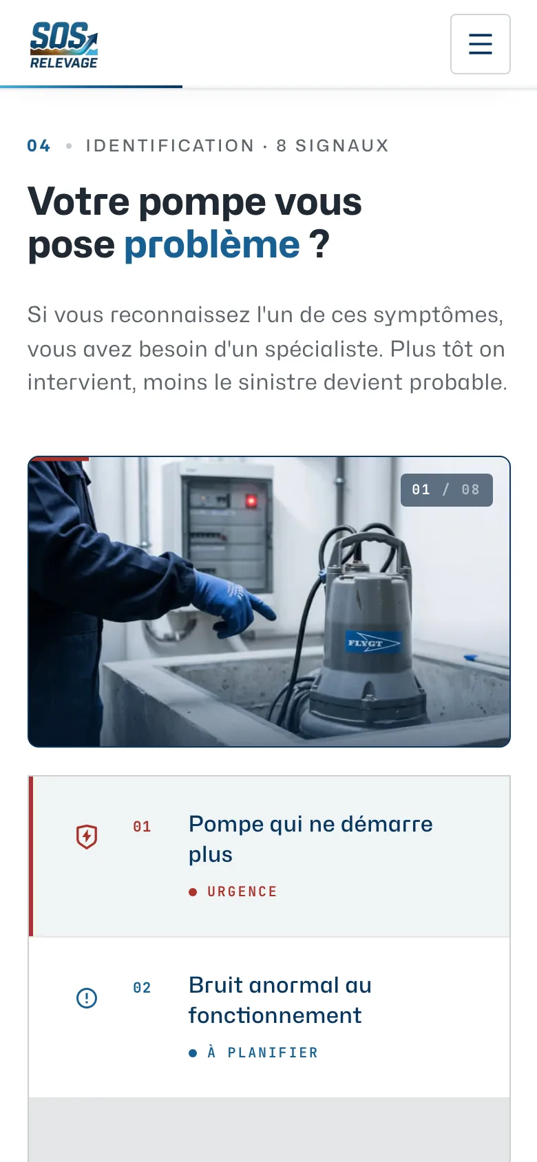 SOS Relevage sur mobile : la section des huit signaux avec l'image collante qui suit le défilement