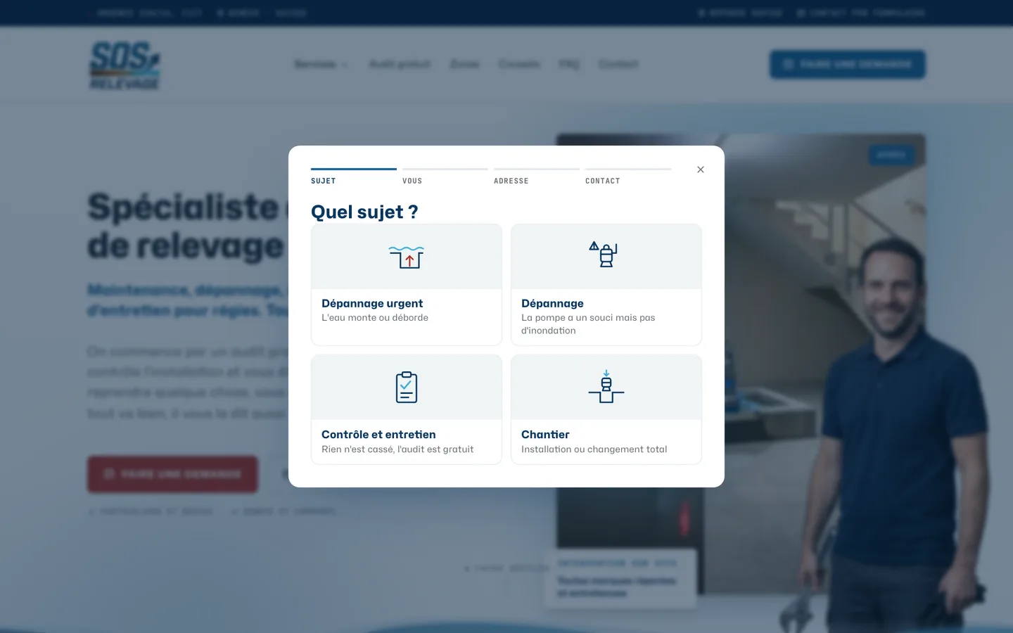 SOS Relevage, tunnel de demande ouvert sur la page d'accueil : étape « Quel sujet ? » avec quatre tuiles, dépannage urgent, dépannage, contrôle et entretien, chantier