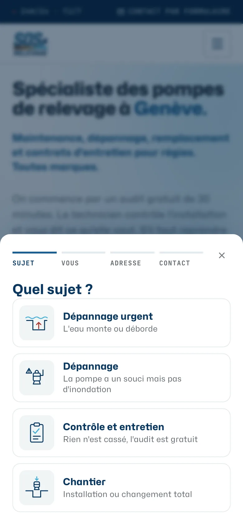 SOS Relevage sur mobile : le tunnel de demande en plein écran, quatre sujets empilés
