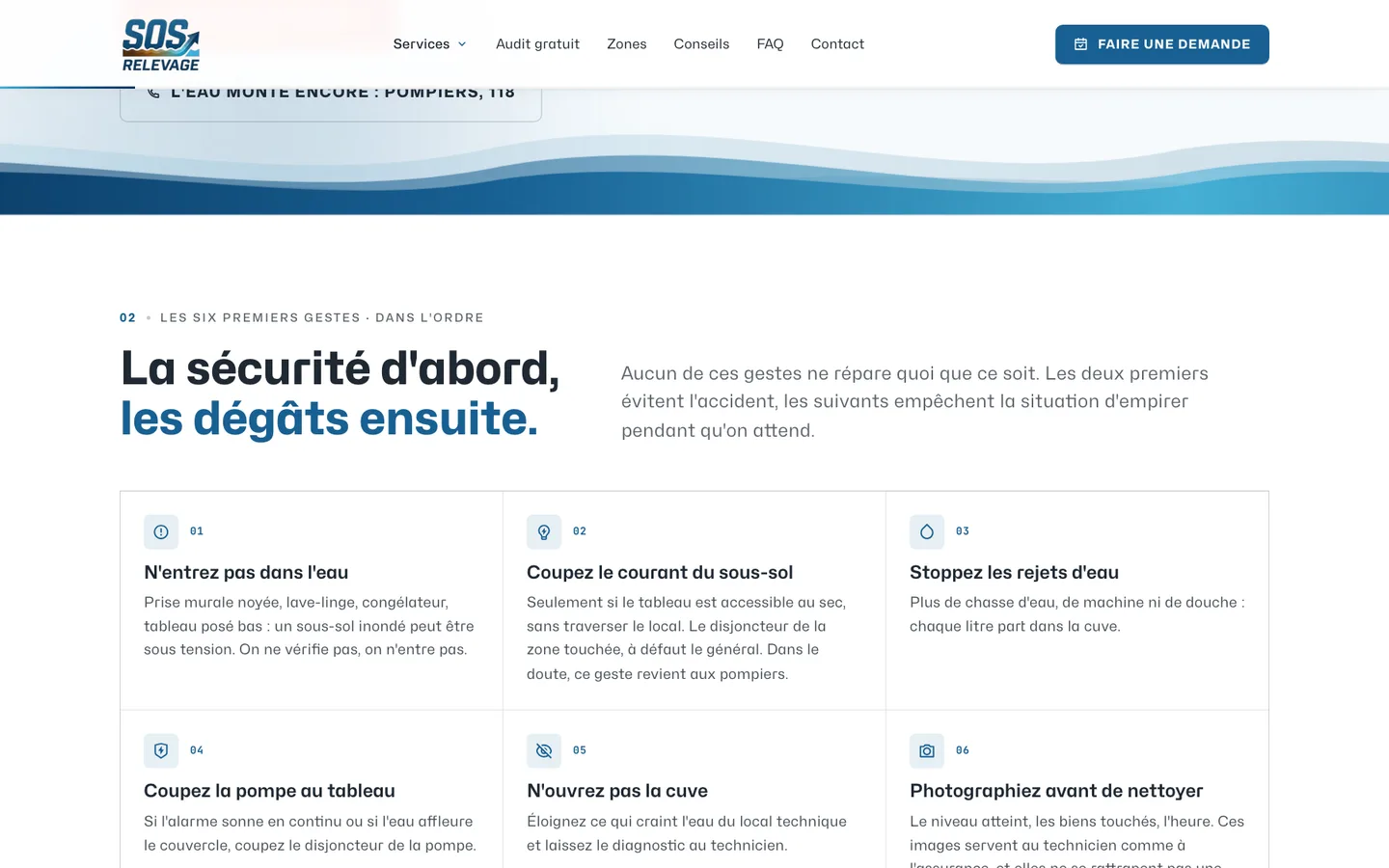 SOS Relevage, page urgence inondation : « La sécurité d'abord, les dégâts ensuite », six gestes numérotés dans une grille